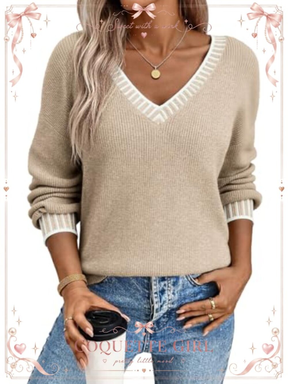 Womens Knit Pullover Sweater V Neck Long Sleeve Cable Chunky Loose Fit Fall